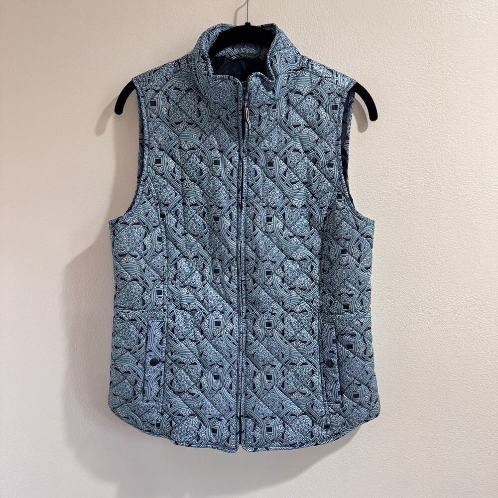 Talbots Vest S Puffer Quilted Zip Front Blue Geometric Preppy Pockets Packable